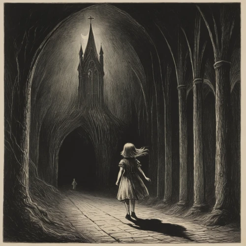 haunted cathedral,dark gothic mood,girl walking away,gothic woman,gothic,the pied piper of hamelin,witch house,children's fairy tale,gothic portrait,gothic architecture,girl in a long,the girl in nightie,fairy tales,hogwarts,gothic style,vintage illustration,hollow way,pall-bearer,ghost castle,dark art,Illustration,Black and White,Black and White 23