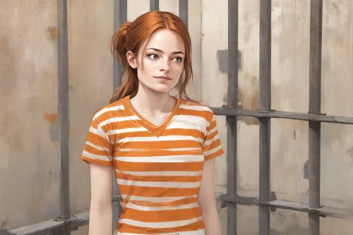 prisoner,girl in t-shirt,prison,clementine,clary,girl portrait,isolated t-shirt,girl in a long,arbitrary confinement,portrait background,portrait of a girl,young woman,croft,rust-orange,world digital painting,photo painting,digital painting,girl sitting,nora,striped background,Digital Art,Character Design