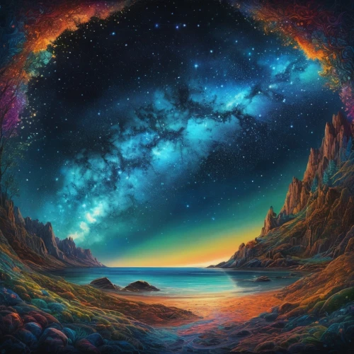 space art,starscape,fantasy landscape,andromeda,fractal environment,vast,world digital painting,galaxy,universe,colorful stars,the universe,scene cosmic,sea landscape,colorful star scatters,ocean,landscape background,ocean background,alien planet,horizon,fantasy picture,Photography,General,Fantasy