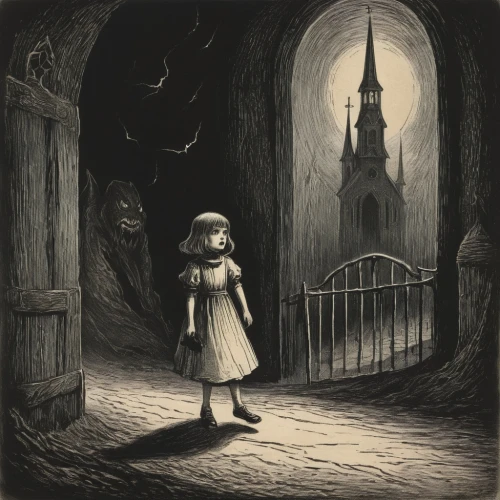 the little girl,halloween illustration,haunted cathedral,the girl in nightie,the little girl's room,ghost girl,ghost castle,children's fairy tale,witch house,haunted castle,haunt,haunted,alice,book illustration,witch's house,the haunted house,little red riding hood,little girl in wind,cd cover,haunting,Illustration,Black and White,Black and White 23