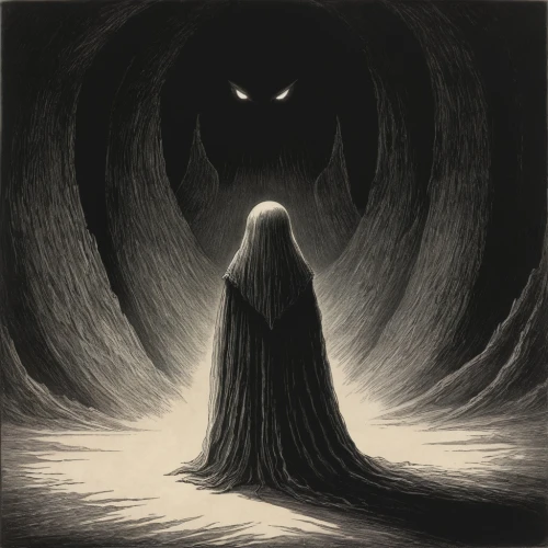 pall-bearer,dark art,light bearer,ringed-worm,blackmetal,cloak,angel of death,apparition,grimm reaper,grave light,coil,sleepwalker,dance of death,sepulchre,veil,hooded man,the witch,black candle,wither,hinnom,Illustration,Black and White,Black and White 23