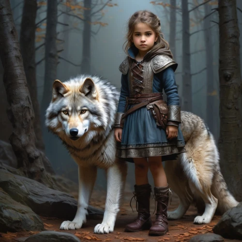 girl with dog,european wolf,gray wolf,fantasy picture,fantasy art,two wolves,mystical portrait of a girl,carpathian shepherd dog,wolf hunting,little red riding hood,fantasy portrait,fairy tale character,the little girl,bohemian shepherd,little boy and girl,howling wolf,red riding hood,king shepherd,wolf,heroic fantasy,Conceptual Art,Fantasy,Fantasy 13