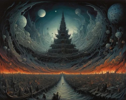 buddhist hell,somtum,temples,tower of babel,horn of amaltheia,mortuary temple,mysticism,hinnom,esoteric,the mystical path,hall of supreme harmony,phase of the moon,sepulchre,theravada buddhism,end-of-admoria,the grave in the earth,firmament,hall of the fallen,loudness,burning earth,Illustration,Realistic Fantasy,Realistic Fantasy 05