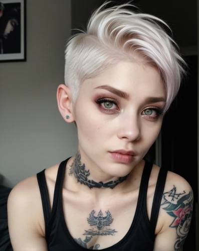 pale,pixie cut,greta oto,vintage makeup,male elf,short blond hair,pink hair,fae,pixie,violet head elf,semi-precious,pixie-bob,ccw,wallis day,asymmetric cut,neutral color,goth woman,pink background,tumblr icon,gorj