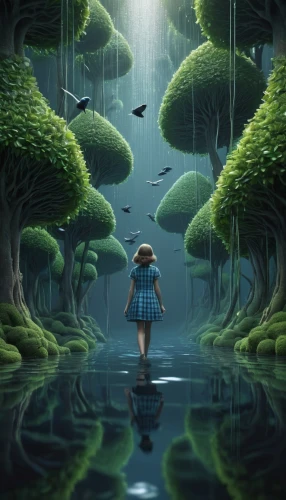 mushroom landscape,world digital painting,children's background,forest background,fantasy picture,parallel worlds,wonderland,fairy forest,forest of dreams,sci fiction illustration,underground lake,frog background,flooded pathway,the forest,forest floor,studio ghibli,swampy landscape,green forest,rainy season,rain field,Photography,Artistic Photography,Artistic Photography 11