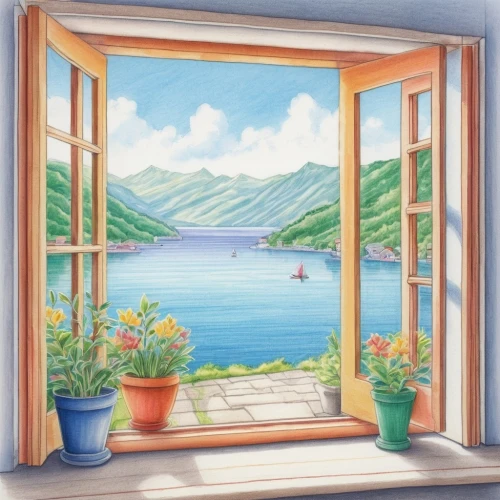window with sea view,window,window curtain,wooden windows,window view,landscape background,french windows,window to the world,bedroom window,window screen,window treatment,open window,window front,sicily window,home landscape,the window,window covering,decorative frame,window panes,glass window,Illustration,Japanese style,Japanese Style 19