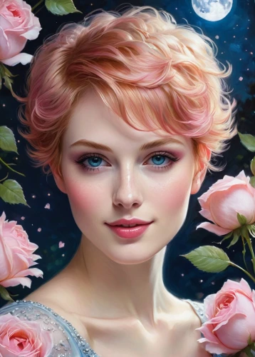 rosa 'the fairy,fantasy portrait,rosa ' the fairy,blue moon rose,rose flower illustration,horoscope libra,sky rose,romantic rose,peach rose,fairy tale character,world digital painting,eglantine,portrait background,rose png,fae,fantasy art,wild roses,fantasy picture,rosa ' amber cover,camellias,Illustration,Realistic Fantasy,Realistic Fantasy 16