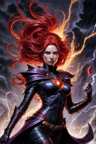 fiery,starfire,fire siren,scarlet witch,black widow,evil woman,sorceress,solar,fantasy woman,lightning,fire angel,wall,dodge warlock,cg artwork,renegade,lightning storm,flame of fire,medusa,archangel,goddess of justice