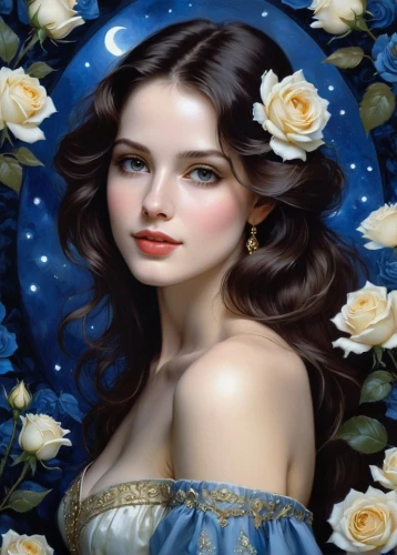 blue moon rose,blue rose,blue hydrangea,blue rose near rail,white rose snow queen,porcelain rose,jasmine blue,fantasy portrait,rosa ' amber cover,yellow rose background,wild roses,rosa 'the fairy,horoscope libra,fairy tale character,scent of roses,porcelain dolls,fantasy art,blue enchantress,romantic portrait,blue flower,Illustration,Realistic Fantasy,Realistic Fantasy 16