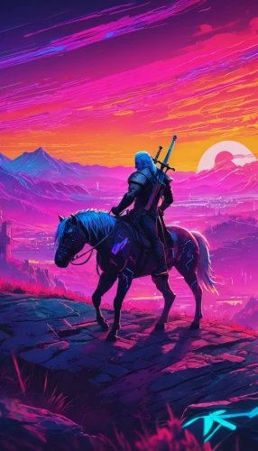 unicorn background,dusk background,purple wallpaper,nomad,scythe,the wanderer,purple landscape,desert,dusk,wanderer,4k wallpaper,samurai,unicorn art,ranger,80's design,colorful horse,horseman,wallpapers,man and horses,digital nomads,Conceptual Art,Sci-Fi,Sci-Fi 27