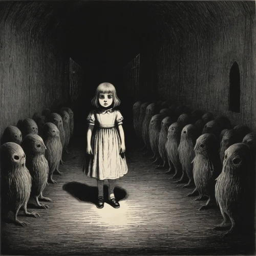 the little girl,ghost girl,dark art,scared woman,phobia,pierrot,the pied piper of hamelin,haunting,the girl in nightie,apparition,sci fiction illustration,a dark room,little girls walking,girl in a long,girl walking away,kate greenaway,labyrinth,creepy,alice,the sheep,Illustration,Black and White,Black and White 23