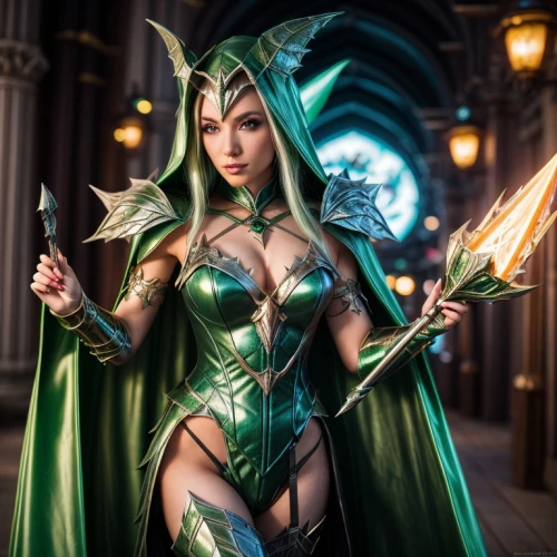sorceress,the enchantress,goddess of justice,caerula,fantasy woman,emerald,green aurora,show off aurora,jade,awesome arrow,elf,elza,venera,symetra,priestess,elven,patrol,fantasy art,cosplay image,aurora