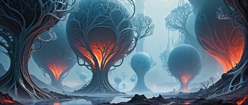 dead vlei,elven forest,ghost forest,tree grove,mushroom landscape,burning tree trunk,haunted forest,old-growth forest,lava cave,swampy landscape,the forests,scorched earth,row of trees,forest fire,volcanic field,halloween bare trees,deadvlei,the forest,crooked forest,grove of trees,Conceptual Art,Sci-Fi,Sci-Fi 24