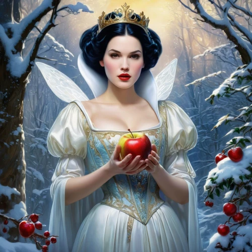 the snow queen,snow white,white rose snow queen,woman eating apple,apple tree,red apples,suit of the snow maiden,red apple,apple harvest,apple orchard,apple trees,apples,queen of hearts,fantasy picture,picking apple,golden apple,fairy queen,fairy tale character,apple icon,christmas angel,Conceptual Art,Fantasy,Fantasy 05