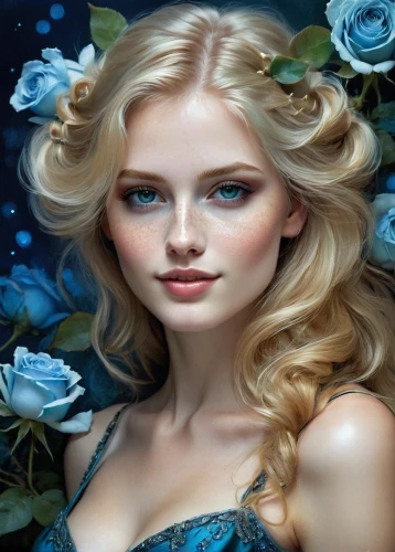 blue rose,blue moon rose,blue hydrangea,blue rose near rail,celtic woman,jasmine blue,beautiful girl with flowers,romantic portrait,blonde woman,romantic look,blue enchantress,romantic rose,wild roses,white rose snow queen,fantasy portrait,mazarine blue,with roses,fantasy art,blue petals,fairy tale character,Illustration,Realistic Fantasy,Realistic Fantasy 16