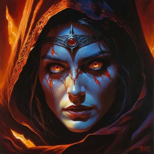 darth talon,sorceress,dark elf,priestess,evil woman,jaya,fantasy art,blue enchantress,the enchantress,female warrior,fantasy portrait,widow,heroic fantasy,fantasy woman,wonderwoman,warrior woman,lokportrait,fire eyes,star mother,shamanic,Illustration,Realistic Fantasy,Realistic Fantasy 32