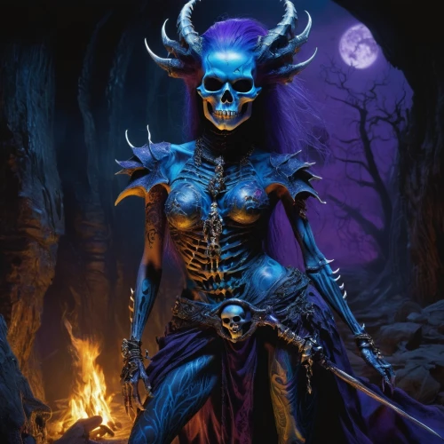 undead warlock,dark elf,death god,blue enchantress,dodge warlock,skeleltt,vanitas,skull allover,pagan,devil,magus,angel of death,the zodiac sign taurus,hag,voodoo woman,jester,death's-head,shaman,halloween background,death angel,Illustration,Realistic Fantasy,Realistic Fantasy 32