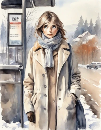 the girl at the station,winter service,in the winter,snow drawing,winter background,winter,watercolor painting,watercolor,winter clothes,snow scene,in the snow,in winter,winters,pedestrian,winter mood,winter clothing,busstop,watercolor paris,wintry,a pedestrian,Digital Art,Watercolor