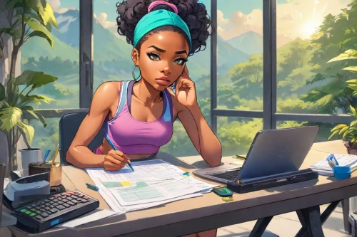 girl at the computer,girl studying,work from home,tiana,receptionist,freelancer,sci fiction illustration,game illustration,secretary,business woman,maria bayo,business women,bookkeeper,business girl,businesswoman,office worker,blur office background,world digital painting,bussiness woman,black professional,Digital Art,Anime
