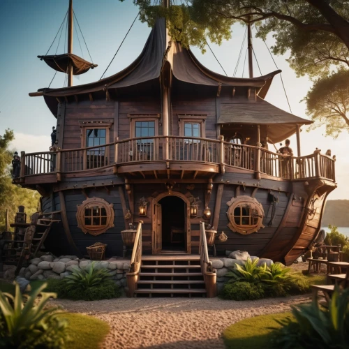 tree house hotel,pirate ship,treehouse,tree house,popeye village,crooked house,house by the water,house of the sea,wooden house,houseboat,3d fantasy,stilt house,3d render,treasure house,caravel,miniature house,galleon ship,sea fantasy,floating island,fairy tale castle,Photography,General,Cinematic