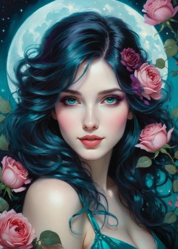 blue moon rose,blue rose,moonflower,fantasy portrait,rosa 'the fairy,fantasy art,wild roses,romantic rose,zodiac sign libra,mermaid background,horoscope libra,jasmine blue,rosa ' the fairy,rosa ' amber cover,rose flower illustration,porcelain rose,jasmine blossom,wild rose,romantic portrait,faery,Illustration,Realistic Fantasy,Realistic Fantasy 16