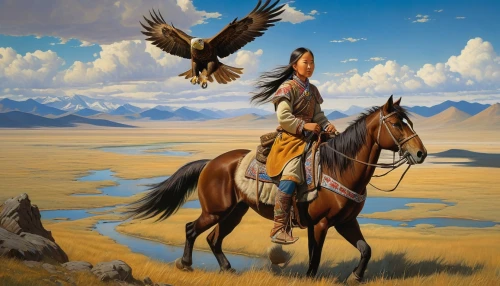 the american indian,american indian,mongolian eagle,steppe eagle,mountain hawk eagle,cherokee,buckskin,native american,amerindien,american frontier,falconer,hawk animal,native,horse herder,red cloud,western riding,man and horses,first nation,flying hawk,pocahontas,Illustration,Realistic Fantasy,Realistic Fantasy 03
