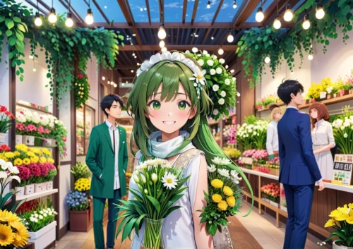 flower booth,flower shop,florist gayfeather,flower delivery,holding flowers,florist,green wreath,flower stand,blooming wreath,flower garland,flower wreath,florists,lily of the field,kawaii vegetables,lilly of the valley,lily of the valley,flower cart,floral greeting,bouquets,with a bouquet of flowers,Anime,Anime,Realistic