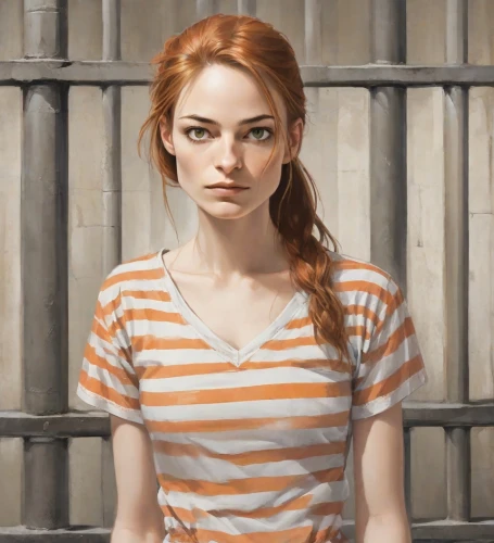 prisoner,david bates,clementine,portrait of a girl,clary,girl in t-shirt,young woman,portrait background,girl portrait,thomas heather wick,girl with bread-and-butter,prison,the girl's face,girl in a long,vanessa (butterfly),artist portrait,lilian gish - female,rust-orange,horizontal stripes,girl in a historic way,Digital Art,Character Design