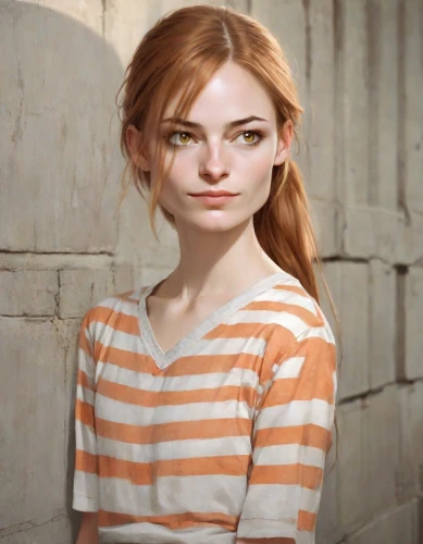 girl in t-shirt,cinnamon girl,clementine,portrait background,orange,redhead doll,realdoll,female model,clary,lara,girl in a long,young woman,orange color,nora,natural cosmetic,pippi longstocking,lilian gish - female,redheads,girl portrait,portrait of a girl,Digital Art,Character Design