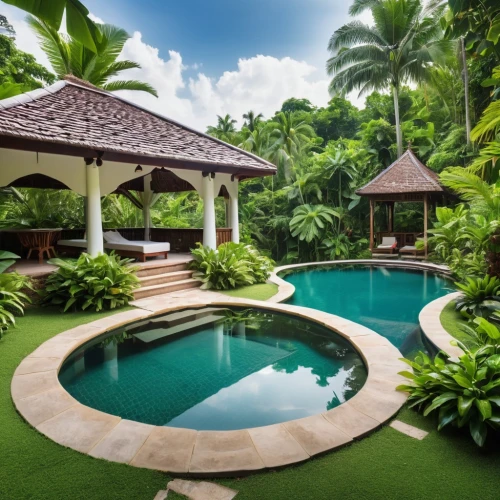tropical house,tropical island,pool house,tropical greens,holiday villa,outdoor pool,ubud,tropical jungle,landscape designers sydney,bali,palm garden,swimming pool,luxury property,infinity swimming pool,luxury home,roof landscape,tropics,fiji,cabana,samoa,Photography,General,Realistic