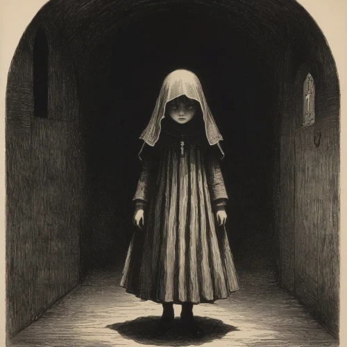 the nun,ghost girl,the little girl,the girl in nightie,cloak,pierrot,the witch,dark art,child girl,pilgrim,girl in a long,matryoshka,book illustration,scared woman,of mourning,carthusian,graphite,penumbra,mystical portrait of a girl,girl in cloth,Illustration,Black and White,Black and White 23