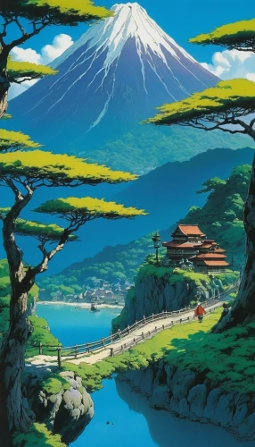 japan landscape,studio ghibli,japanese mountains,mountain landscape,japanese alps,mountain scene,yamada's rice fields,meteora,darjeeling,mountainous landscape,landscape background,mountain world,japanese background,fuji,travel poster,ginkaku-ji,japan,high landscape,hokkaido,fuji mountain,Illustration,Japanese style,Japanese Style 14