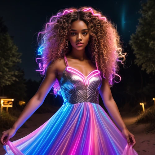 colorful light,neon body painting,barbie doll,digital compositing,artificial hair integrations,luminous,fairy queen,kenya,hoopskirt,rosa 'the fairy,ball gown,visual effect lighting,tutu,fantasy woman,light of art,prismatic,tiana,glow,neon light,drawing with light