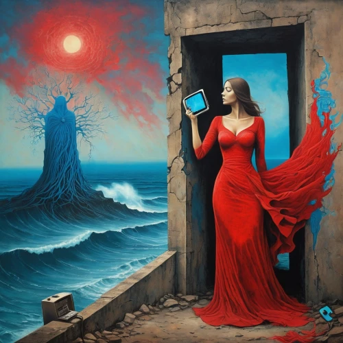 man in red dress,lady in red,red gown,fantasy art,fantasy picture,red cape,oil painting on canvas,flamenco,surrealism,scarlet sail,art painting,oil painting,the wind from the sea,dance of death,tour to the sirens,sorceress,secret garden of venus,rusalka,girl in a long dress,fineart,Conceptual Art,Graffiti Art,Graffiti Art 07