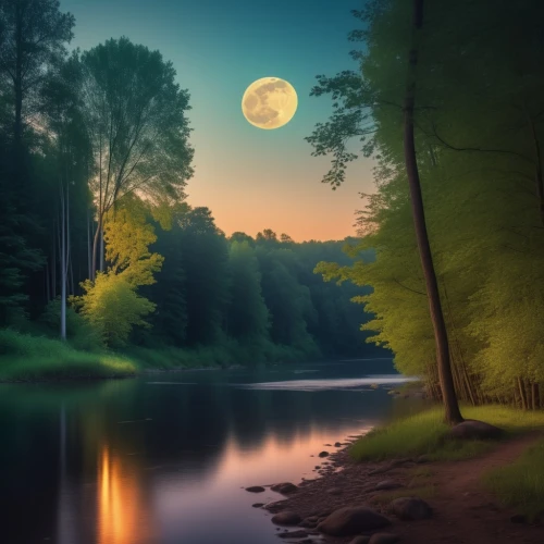 landscape background,moonlit night,river landscape,moonrise,evening lake,nature landscape,beautiful landscape,fantasy landscape,moonlit,world digital painting,landscape nature,background view nature,forest landscape,tranquility,moon and star background,fantasy picture,landscapes beautiful,the night of kupala,hanging moon,natural landscape,Photography,General,Realistic