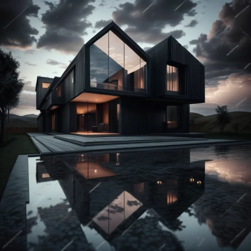 cube house,cubic house,modern house,mirror house,modern architecture,3d rendering,dunes house,cube stilt houses,glass facade,house shape,frame house,black cut glass,futuristic architecture,beautiful home,luxury home,inverted cottage,render,luxury property,archidaily,danish house