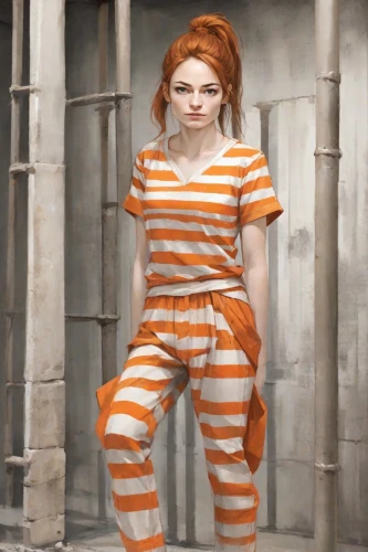 prisoner,prison,mime,bodypainting,mime artist,pippi longstocking,pumuckl,queen cage,bodypaint,clary,orange,raggedy ann,stripped leggings,body painting,horizontal stripes,arbitrary confinement,jumpsuit,orange robes,fool cage,tilda,Digital Art,Character Design