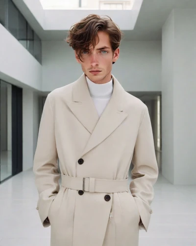overcoat,coat,trench coat,frock coat,long coat,white coat,male model,menswear,acne,coat color,outerwear,george russell,woman in menswear,white-collar worker,jack rose,old coat,shoulder pads,neutral color,bolero jacket,beige,Photography,Realistic