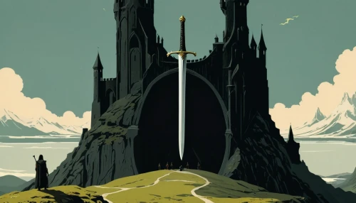 travel poster,spire,excalibur,knight's castle,art deco,gold castle,castle of the corvin,summit castle,imperial shores,the needle,castles,kingdom,fortress,the throne,sentinel,citadel,heroic fantasy,hogwarts,defense,pilgrimage,Illustration,Japanese style,Japanese Style 08
