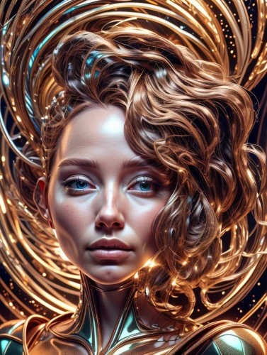 transistor,fantasy portrait,medusa,mystical portrait of a girl,sci fiction illustration,dryad,golden crown,gold foil art,fantasy art,world digital painting,gemini,gold paint stroke,gold foil mermaid,biomechanical,aura,the enchantress,golden wreath,fractals art,foil and gold,bjork