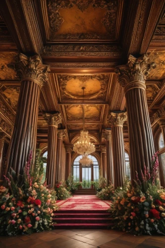 highclere castle,ornate room,versailles,floral decorations,saint george's hall,ballroom,europe palace,marble palace,hall of the fallen,rococo,neoclassical,stately home,royal interior,the palace,aisle,ornate,hallway,victorian,hermitage,classical architecture,Photography,General,Fantasy