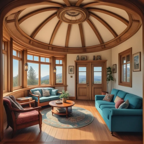 vaulted ceiling,family room,sitting room,round window,living room,great room,round house,livingroom,wood window,wooden windows,breakfast room,bay window,the living room of a photographer,bonus room,cabin,semi circle arch,ceiling fan,chair circle,billiard room,stucco ceiling,Photography,General,Natural