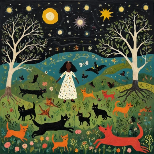 girl with dog,carol colman,woodland animals,forest animals,sewing silhouettes,girl in the garden,spring equinox,kate greenaway,carol m highsmith,dog illustration,girl with tree,children's background,wild meadow,folk art,children's fairy tale,garden-fox tail,the night of kupala,howling wolf,cat lovers,night stars,Art,Artistic Painting,Artistic Painting 25