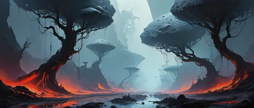 fallen giants valley,fantasy landscape,scorched earth,haunted forest,lava cave,elven forest,druid grove,mushroom landscape,game illustration,dead vlei,valley of death,swampy landscape,the forests,crooked forest,devilwood,the forest,hollow way,ghost forest,barren,guards of the canyon,Conceptual Art,Fantasy,Fantasy 10