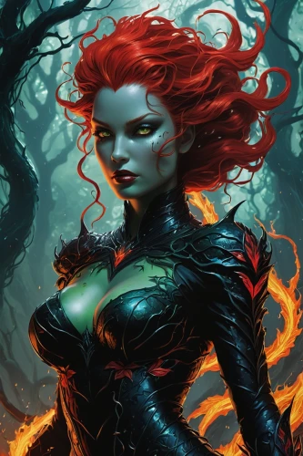 black widow,poison ivy,darth talon,firestar,mystique,the enchantress,fantasy woman,fiery,fire siren,thorns,firethorn,starfire,sorceress,burning bush,evil woman,red-haired,heroic fantasy,scarlet witch,ivy,fantasy art,Illustration,Realistic Fantasy,Realistic Fantasy 04