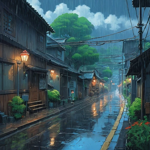 kyoto,studio ghibli,japan landscape,japanese umbrellas,tsukemono,rainy,rainy season,izakaya,rainy day,umbrellas,alley,ryokan,world digital painting,alleyway,after rain,shirakawa-go,neighborhood,after the rain,evening atmosphere,arashiyama,Illustration,Japanese style,Japanese Style 14