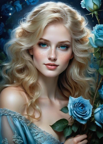 blue rose,blue moon rose,celtic woman,blue rose near rail,blue hydrangea,blue enchantress,romantic rose,white rose snow queen,jasmine blue,romantic portrait,blue flower,fantasy art,blue petals,holly blue,wild roses,beautiful girl with flowers,scent of roses,splendor of flowers,romantic look,mazarine blue,Illustration,Realistic Fantasy,Realistic Fantasy 16