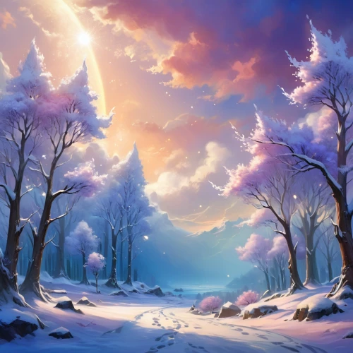 winter landscape,winter background,winter forest,snow landscape,snowy landscape,snow scene,purple landscape,snow trees,fantasy landscape,christmas snowy background,christmas landscape,winter dream,landscape background,winter magic,ice landscape,forest landscape,fantasy picture,fir forest,wintry,cartoon video game background,Illustration,Realistic Fantasy,Realistic Fantasy 01