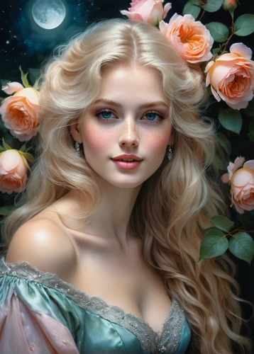 rosa 'the fairy,fantasy portrait,blue moon rose,faery,fantasy art,romantic rose,celtic woman,peach rose,fantasy picture,faerie,romantic portrait,fairy queen,wild roses,scent of roses,rosa ' the fairy,mystical portrait of a girl,fairy tale character,wild rose,eglantine,fantasy woman,Illustration,Realistic Fantasy,Realistic Fantasy 16