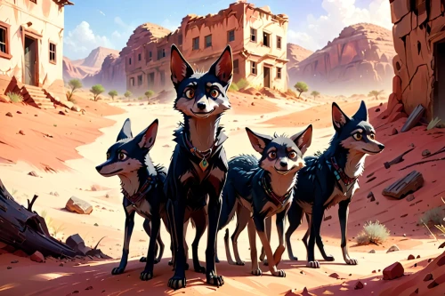 guards of the canyon,wolf pack,wolves,huskies,bremen town musicians,desert fox,mules,goatherd,horse herd,equines,herd of goats,llamas,foxes,fox stacked animals,horses,dog sled,travelers,wild horses,arabian horses,horse herder,Anime,Anime,Cartoon